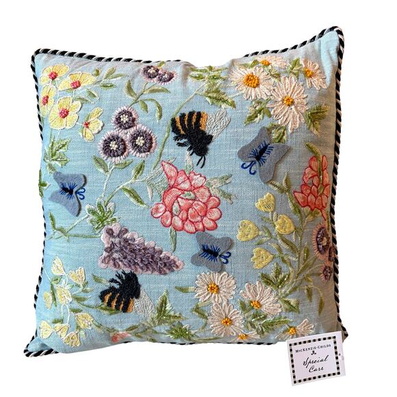 MacKenzie-Childs Other - NEW Mackenzie-Childs Floral & Bee Throw Pillow 18x18 Embroidered Spring Decor